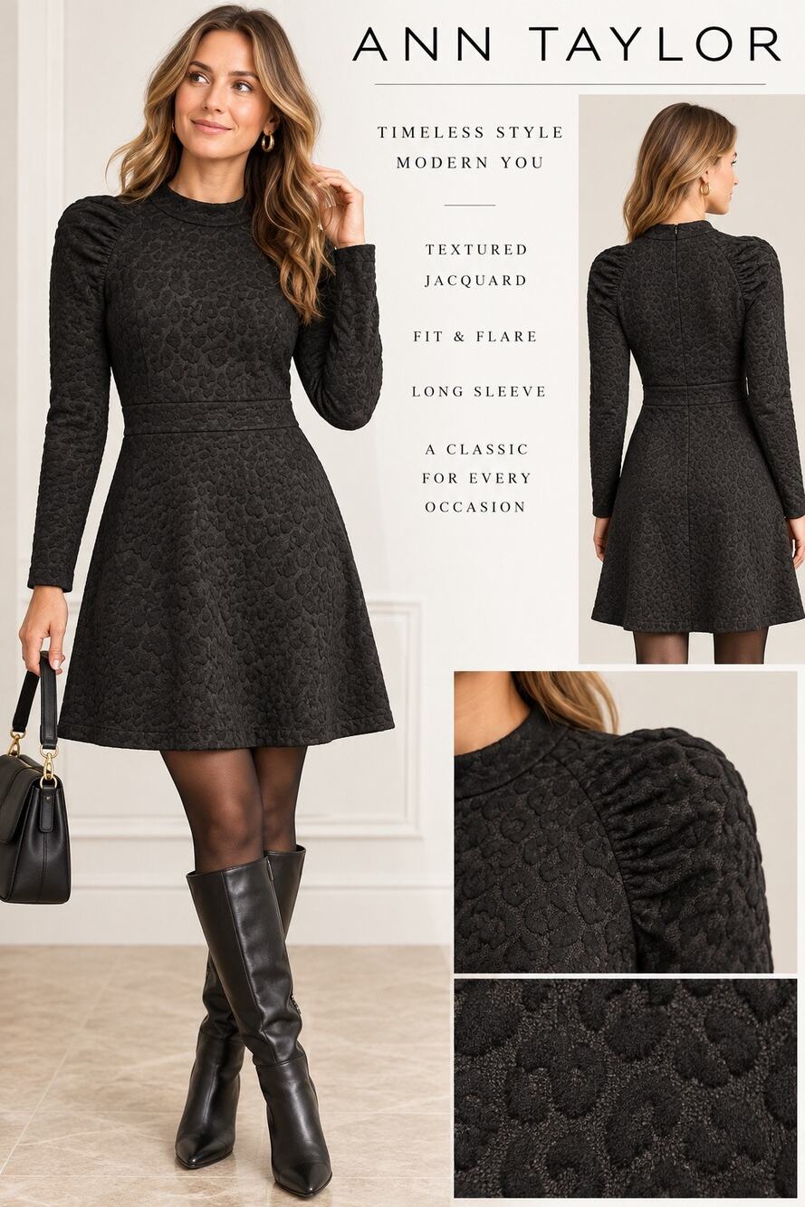 Ann Taylor Black Leopard Jacquard Fit & Flare Dress Size 2 NWT Long Sleeve